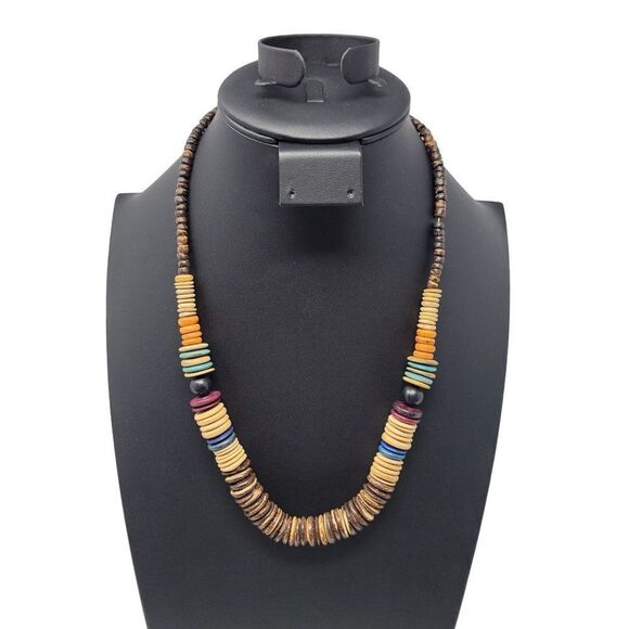Multicolor Wooden Bead Matinee Necklace 22" Primitive Tribal Beachy Boho - Picture 1 of 9